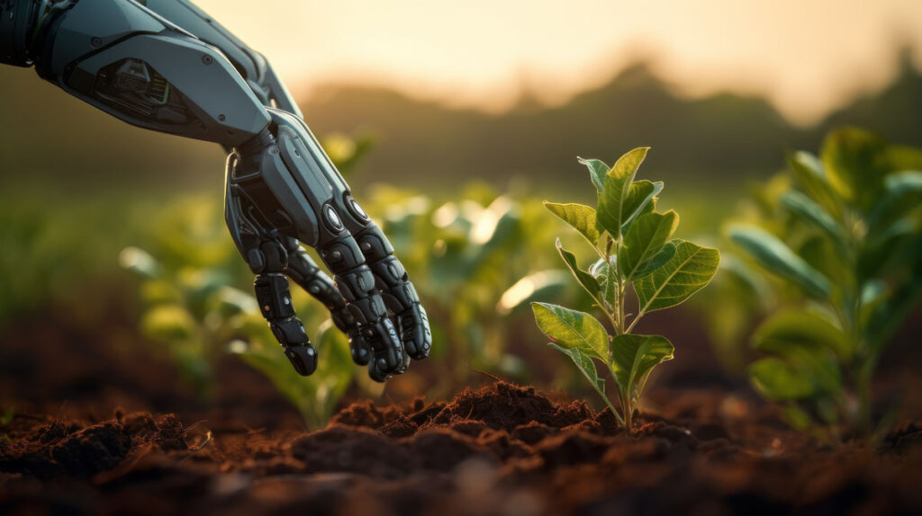 A robot arm planting a tree in a green field.